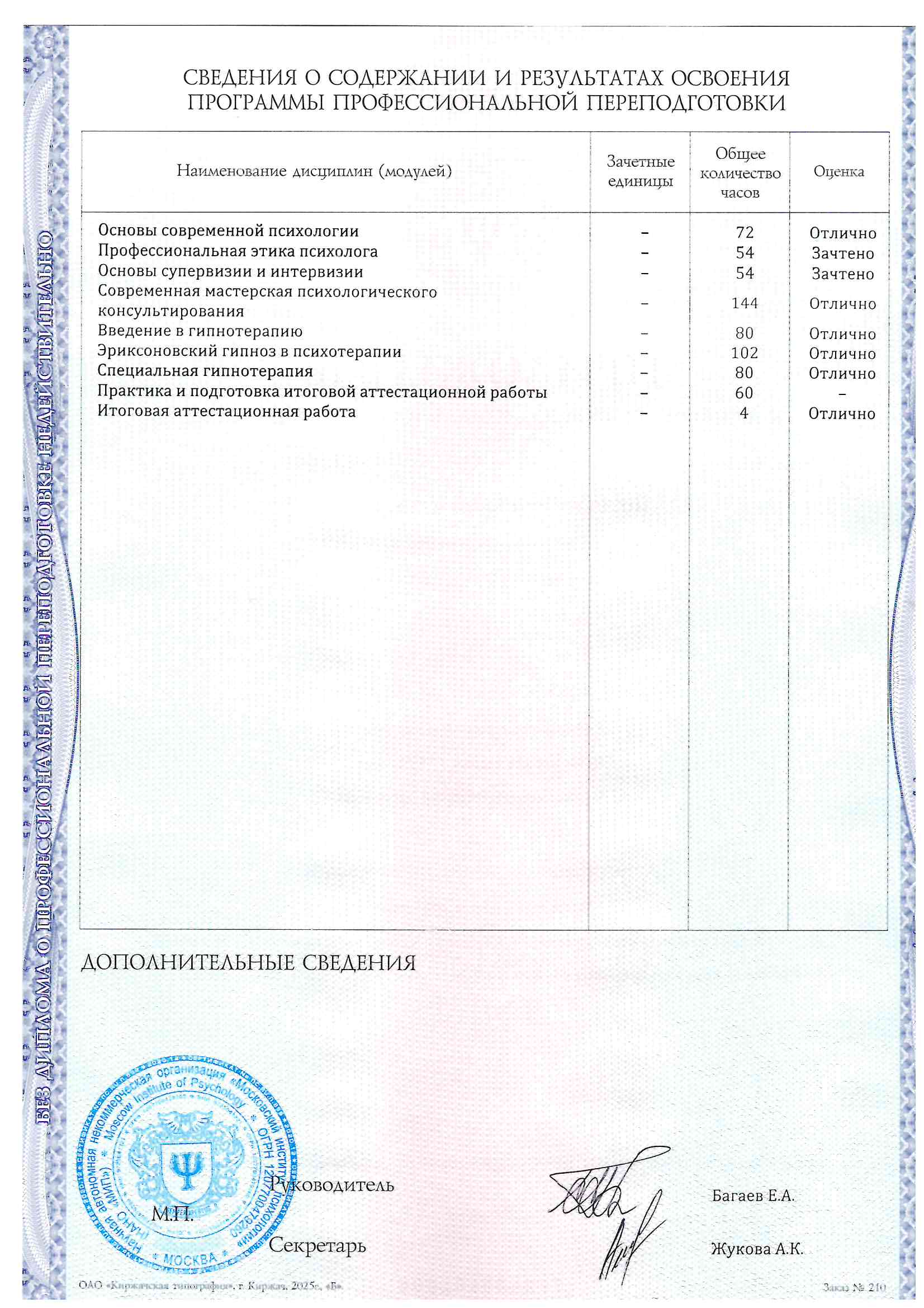 Приложение к диплому по суггестивной психологии